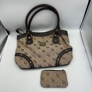 Dooney & Bourke DB Signature Canvas Tote Bag Brown Tan w Coin Pouch Duck Charm